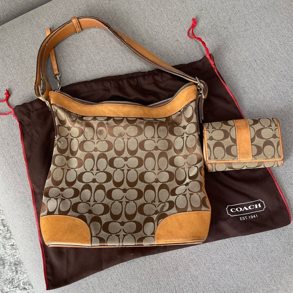 Coach Brown Signature Shoulder Bag and Wallet